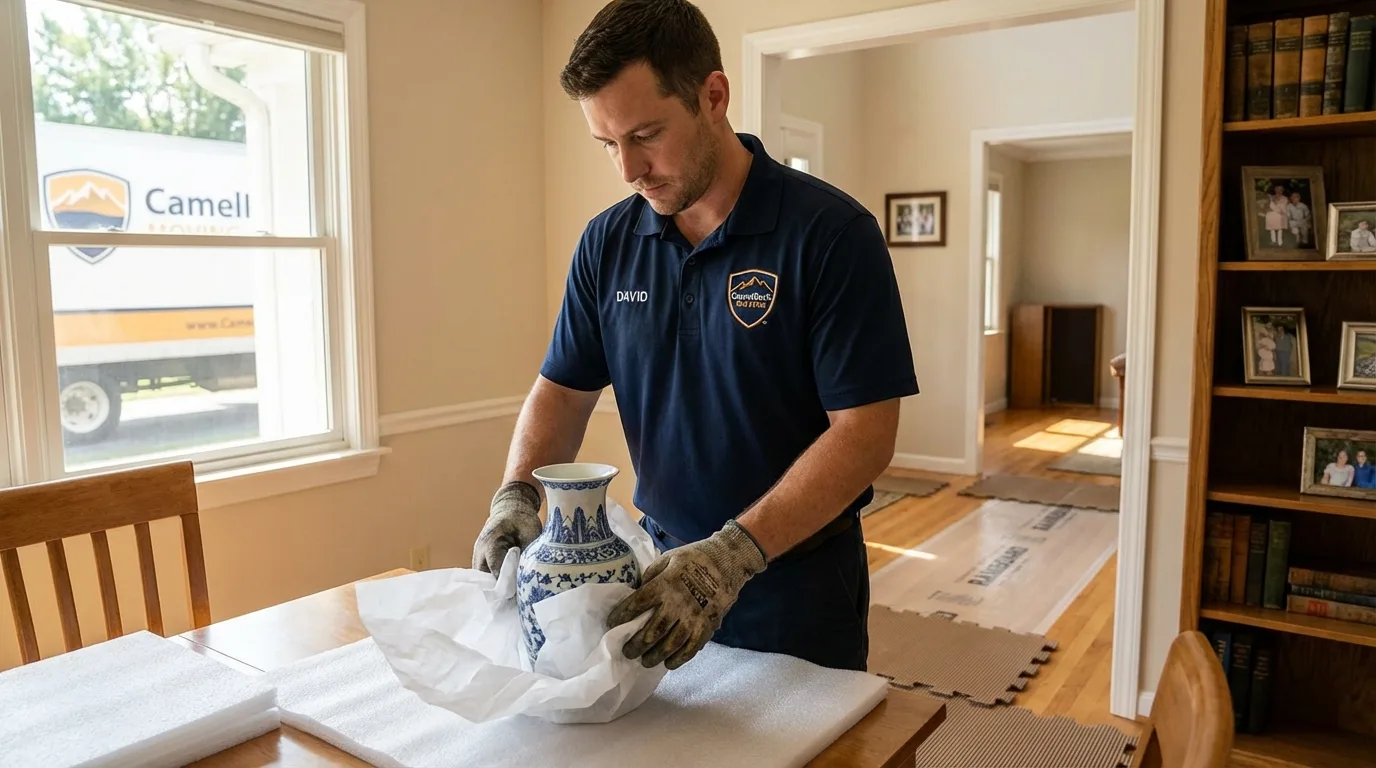 Professional crew carefully wrapping antique vase for senior downsizing move in Gatlinburg, TN